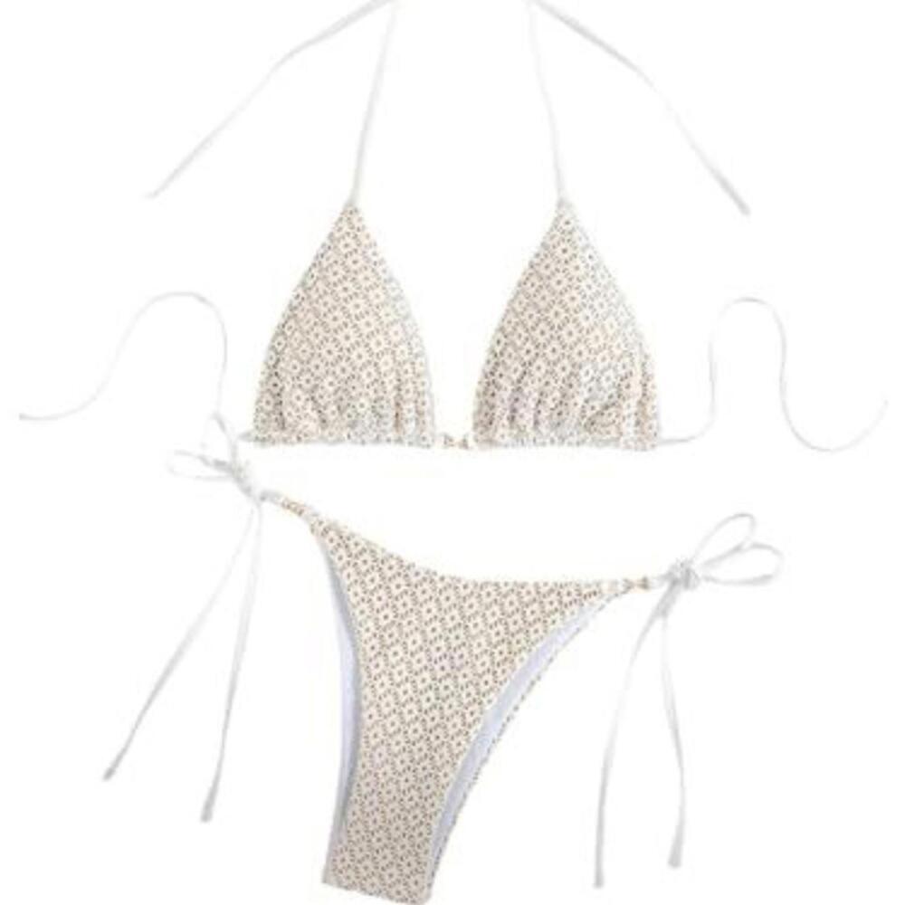 White, Cream, Tan Textured Triangle Bikini Set, Brand New, Size XS